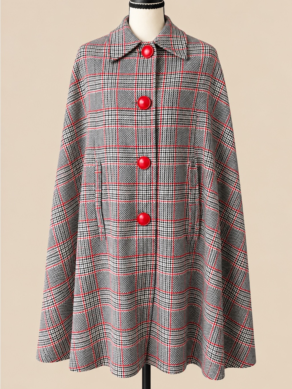 60s Vintage Grey Red Black Houndstooth Cape OS
